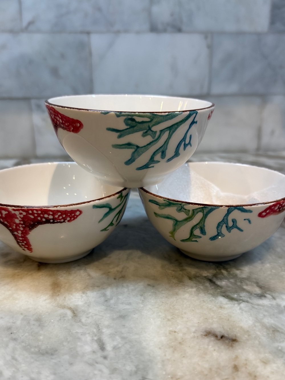 3 Papart Seramik 4” Accent Dipping Bowls Hand painted  Coral Starfish New